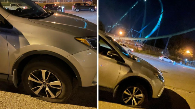 A vehicle with a slashed tire. Right: A car parked in the Canada's Wonderland parking lot.