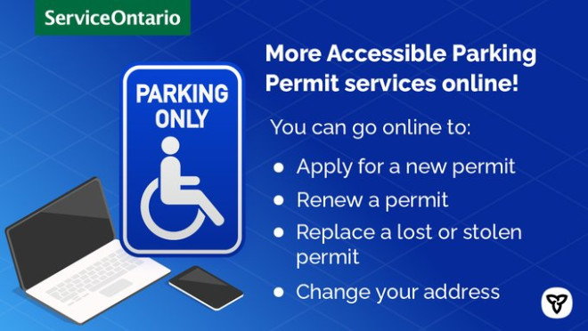 Image description: Illustration of an Accessible Parking Permit, phone and laptop. Text reads: More Accessible Parking Permit services online! You can go online to apply for a new permit, renew a permit, replace a lost or stolen permit, and change your address.