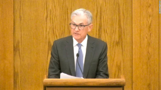 Federal Reserve chairman Jerome Powell delivers his opening remarks at the Jackson Hole Economic Symposium in Jackson Hole, Wyoming.