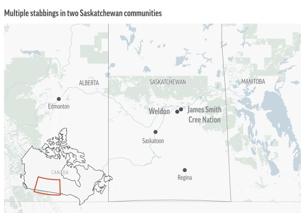 Police say multiple people are dead in 13 locations at two communities in Saskatchewan. (AP)