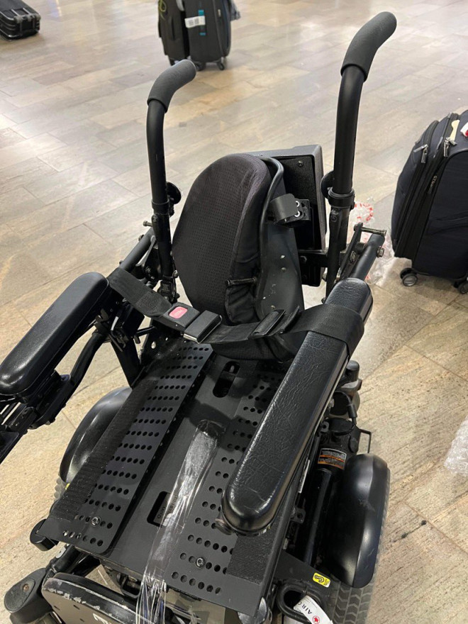 A power wheelchair mangled by the airplane