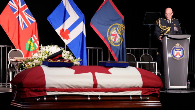 Interim Toronto police chief James Ramer speaks at the funeral of Toronto Police Const. Andrew Hong during his funeral service in Toronto on Wednesday, Sept. 21, 2022. (THE CANADIAN PRESS/Frank Gunn)
