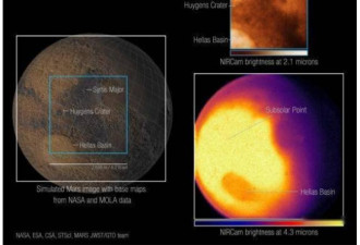 韦伯望远镜发布首张火星红外图像