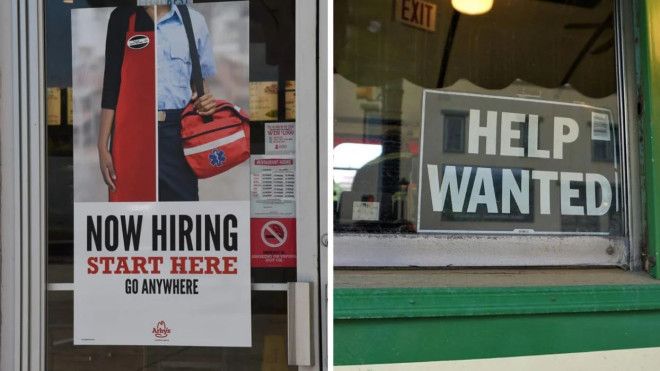 A Now Hiring sign at an Arby's. Right: A help wanted sign in a store window.