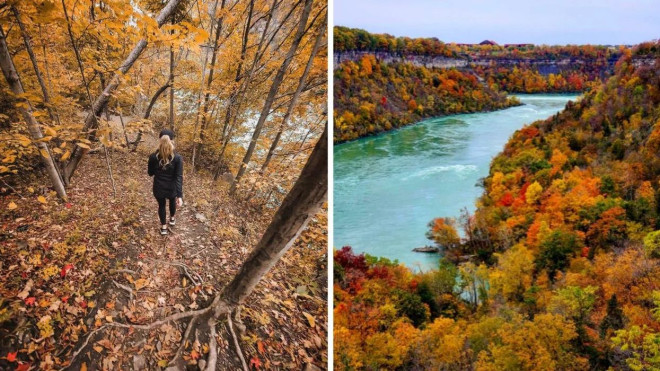 Woman walking through a fall forest. Right: Niagara River during the fall.
