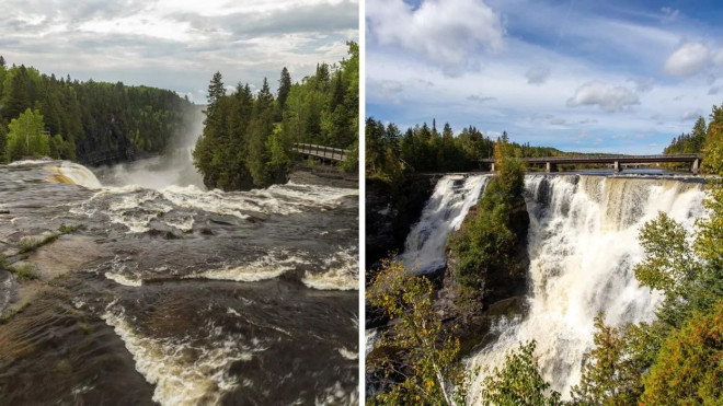 Overlooking the falls from the pedestrian bridge. Kakabeka Falls.