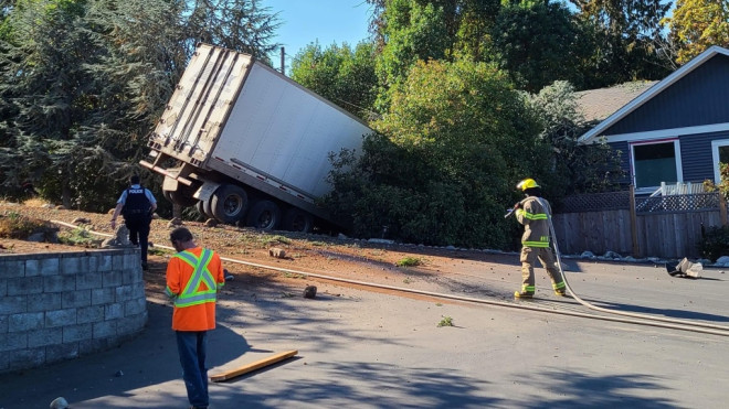 The driver was airlifted to hospital in Vancouver but according to Oceanside RCMP he did not suffer any serious injuries from the crash. (Marcy Lunn)