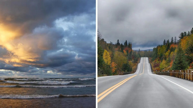 Storm clouds over Lake Huron. Right: A highway in fall with storm clouds.