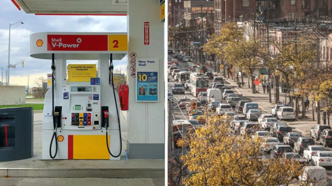 An Ontario gas station. Right: A traffic jam in Toronto 