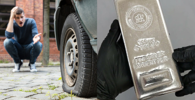 Canadian man with punctured tire realizes he drove over a 100-ounce silver bar