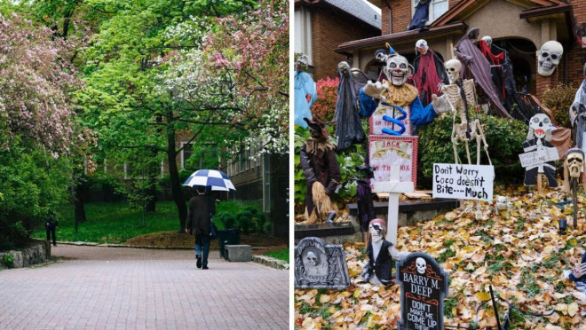 A person walking with an umbrella in Toronto. Right: Halloween decorations.