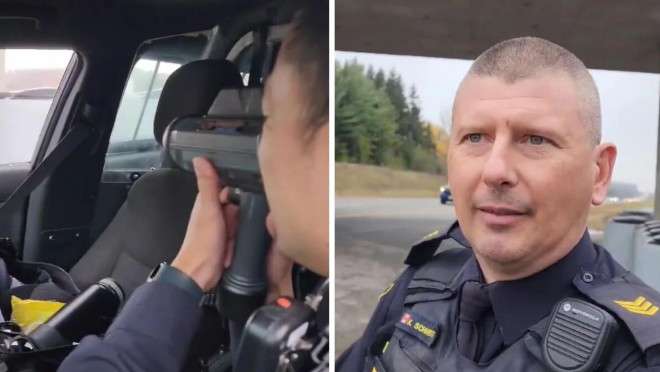 An OPP officer holding a radar gun. Right: OPP Sgt. Kerry Schmidt.