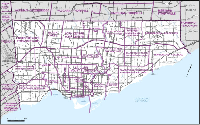 The proposed new electoral boundaries for the City of Toronto are shown.