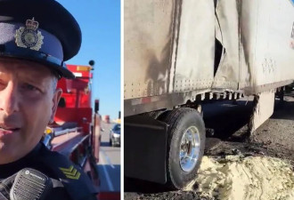【视频】401高速大卡车起火！交通严重受阻 满地蛋白粉