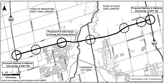 A project map that illustrates the locations for proposed interchanges and the preliminary design for the Highway 400/9th Line Structure Replacement for the Bradford Bypass.