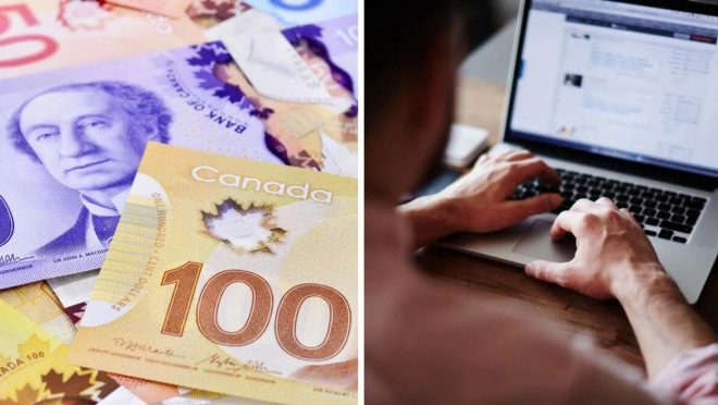 ​Canadian banknotes. Right: A person works on a computer. 