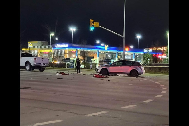 Barrie police investigate on Dec. 1, 2022 after multiple pedestrians were struck in a collision at the intersection of Mapleview Drive and Bayview Drive.