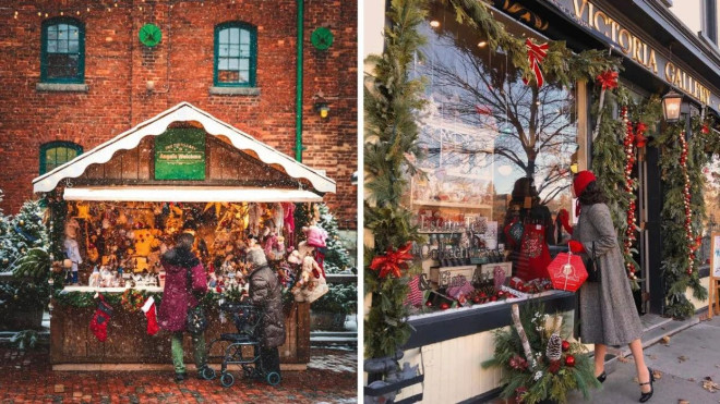 Christmas market in Toronto, Ontario. Right: A woman looking in a Christmas store.