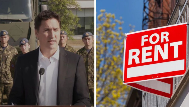 Prime Minister Justin Trudeau. Right: A house with a "for rent" sign.