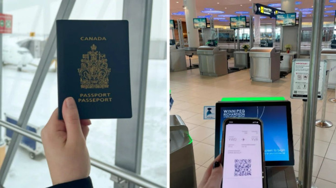 A hand holding up the Canadian passport. Right: A flight ticket on a mobile screen.