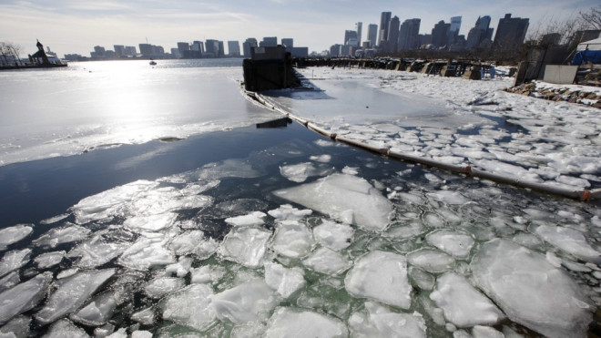 Sea ice floats in Boston Harbor