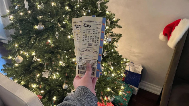 ​Lotto Max tickets in front of a Christmas tree.