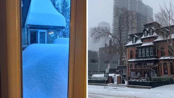 Snow in Huntsville Ontario. Right: Snow in Toronto.