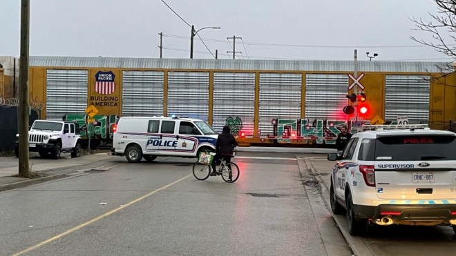 London police are on scene of a fatal crash in the area of York Street and Maitland Street between a pedestrian and a train on Jan. 4, 2023. (Sean Irvine/CTV News London)