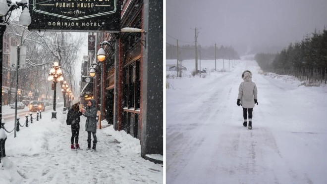 ​People on a sidewalk in Vancouver while it snows. Right: Person walking on a snow-covered street in Quebec.