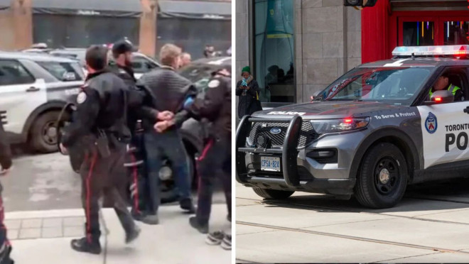 Police arrest the suspect downtown. Right: Toronto Police car.