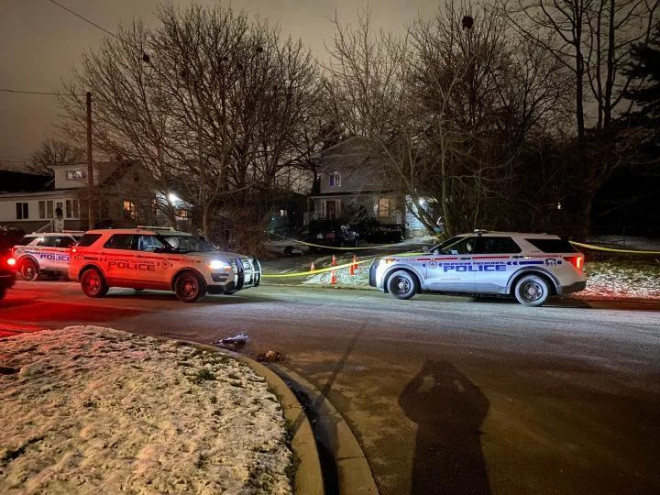 Police in the area of Front Road and Commercial Street in Pickering, Ont., where a stabbing was reported.