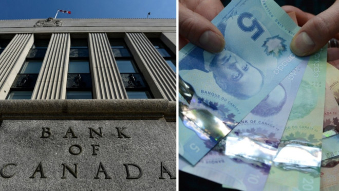 From left, the Bank of Canada, and right, a person holds notes of Canadian dollars.