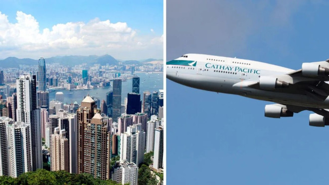 Hong Kong skyline. Right: A Cathay Pacific airplane.