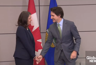 加拿大总理杜鲁多与女省长握手的一幕，太尴尬了
