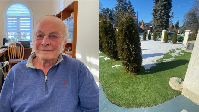 An image of Frank Leone, and the artificial turf that he used for his front lawn. (CTV News Toronto)