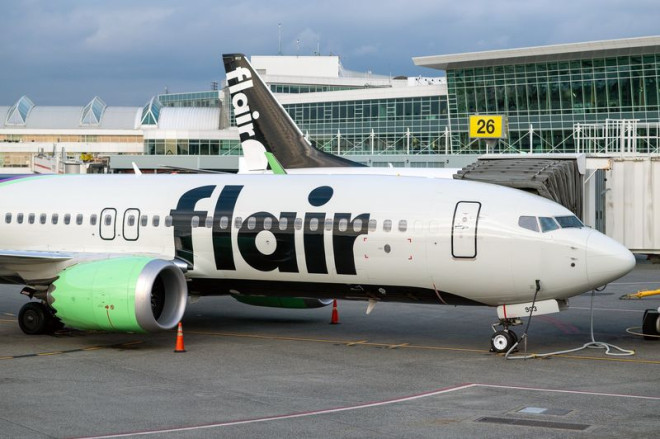 A Flair Airlines aircraft at Vancouver International Airport.