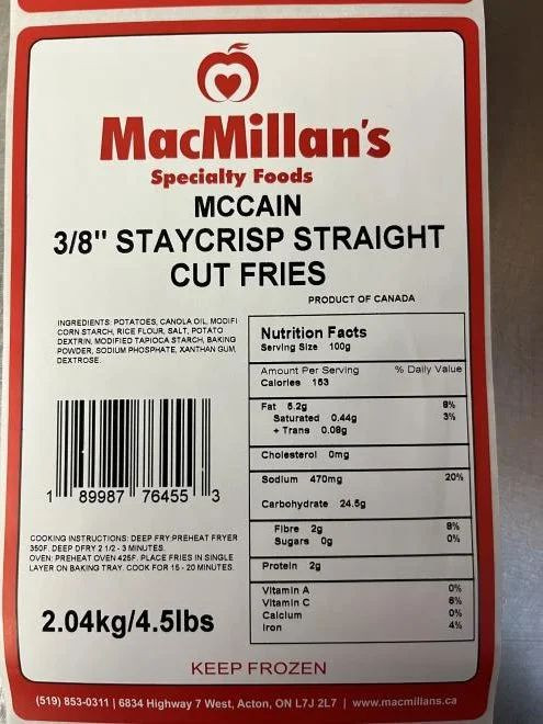 The CFIA recalls McCain 3/8″ Staycrisp Straight Cut Fries due to undeclared gluten, wheat.