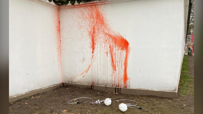 Lorraine Lowe shared this image on Twitter n Feb. 11, 2023 showing a red substance sprayed on the walls of the Dr. Sun Yat-Sen garden in Vancouver's Chinatown. 