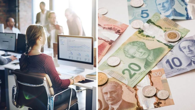 A person works at a computer. Right: Canadian banknotes. 