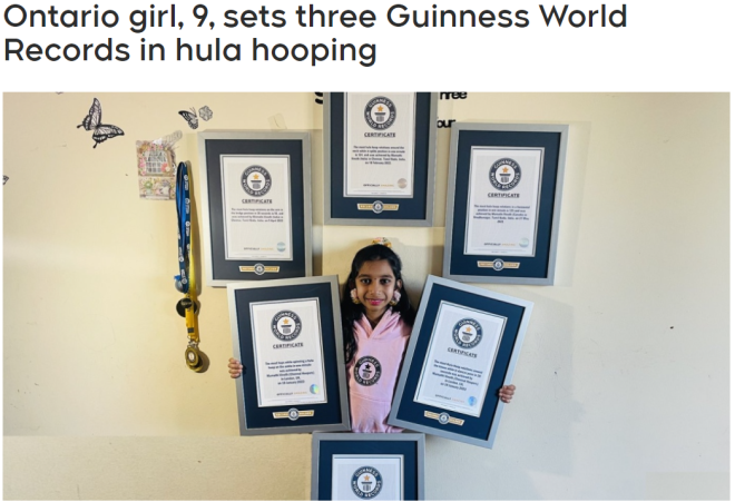 Ontario girl, 9, sets three Guinness World Records in hula hooping