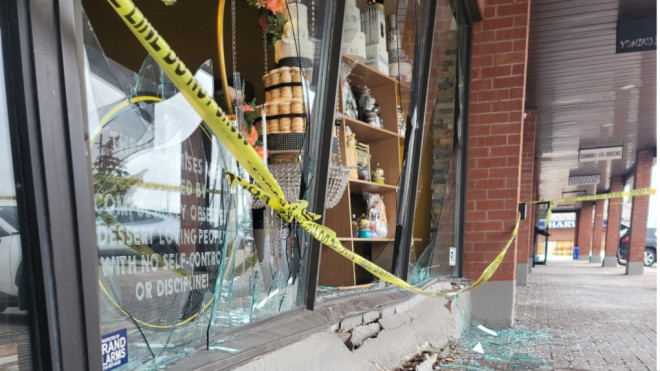 An image of Guilty Pleasurez Dezzert Cafe, after a car had driven into its storefront on March 3, 2023. (Simran Bawa/Guilty Pleasurez Dezzert Cafe)