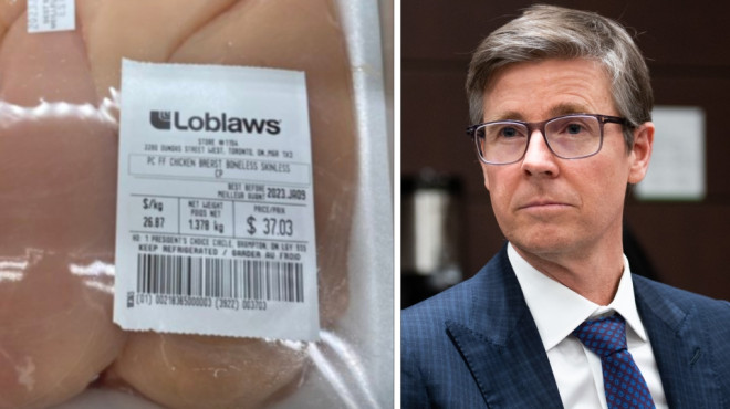 From left, a January 2023 photo taken by CTV News Toronto Queen's Park correspondent Siobhan Morris of a five-pack "President's Choice Free From Chicken" package; and right, Loblaw chairman and president Galen Weston.