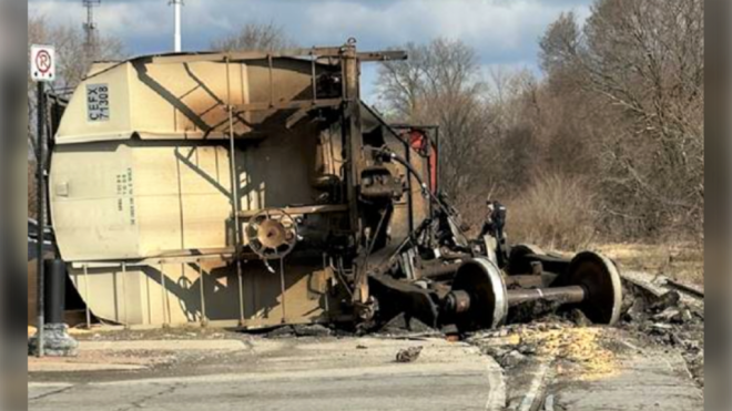 A derailed train can be seen above in Port Colborne, Ont. on March 18 (NRPS)