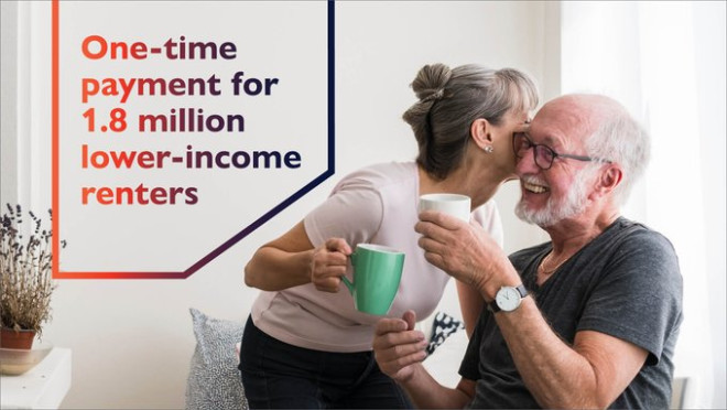 One-time payment for 1.8 million lower-income renters. A couple drinking coffee in their home.