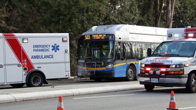 Images from the scene show a 503 bus stopped on Fraser Highway near 148 Street. (CTV)