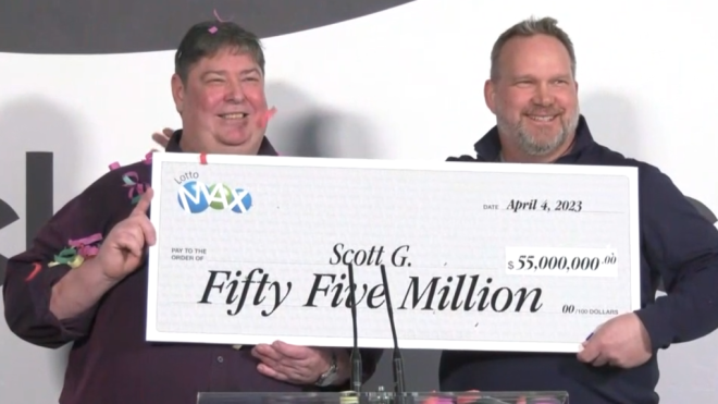 William Scott Gurney, left, matched all seven numbers on his ticket in the Feb. 28 draw. Gurney claimed the prize on Tuesday and says it was a dream come true. (CTV News)