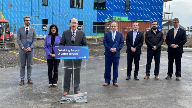 Steve Clark, Minister of Municipal Affairs and Housing speaking in London, Ont. on April 5, 2023.(Sean Irvine/CTV News London)