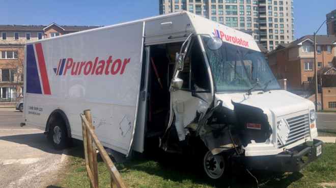 A Purolator truck that was allegedly stolen on APril 13, 2023. (Beth Macdonell)