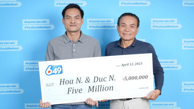 Cousins Hoa and Duc Nguyen as they discovered they were $5-million dollars richer after matching all six numbers from the Lotto 6/49 Classic Jackpot draw on April 8, 2023.