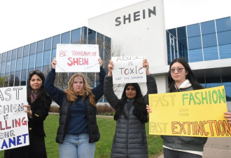 万锦学生在Shein办公室门口举牌：“你们在杀死地球”